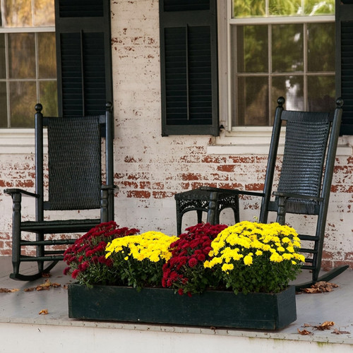 Black rocking chairs and red-yellow mums on a porch — scent inspiration for Welcome Home fragrance oil