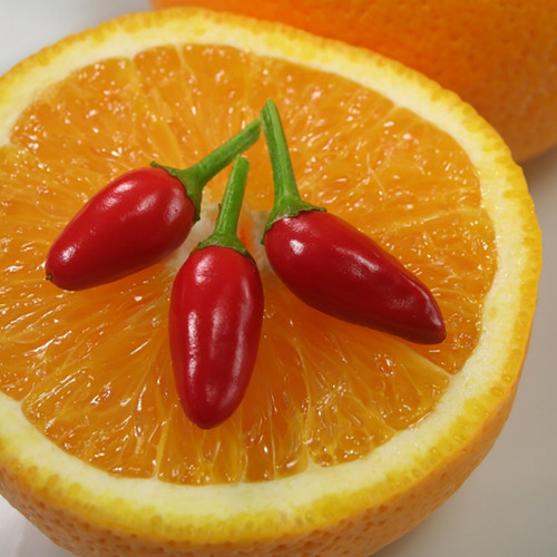 Halved orange topped with three small red chili peppers — scent inspiration for Sweet Mandarin & Chili Pepper fragrance oil