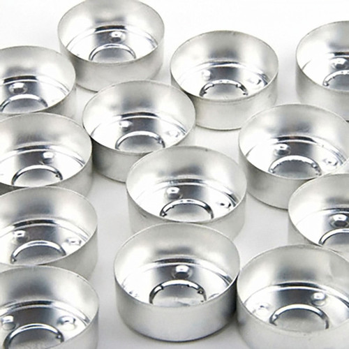 Aluminum Tealight Cups (100 Count), empty, angled view
