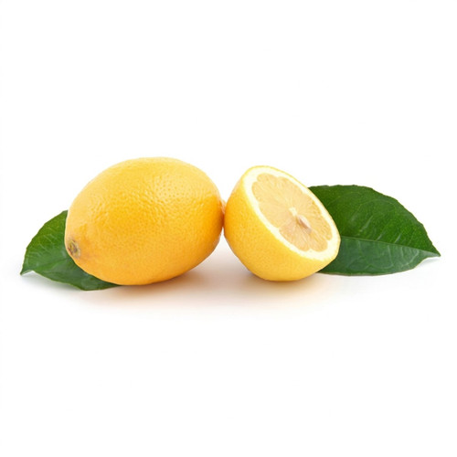 Whole and halved lemons with green leaves on white — scent inspiration for Sage & Citrus fragrance oil