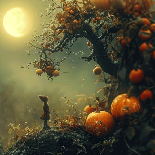 Child silhouette by gnarled pumpkin-laden tree, full moon — scent inspiration for Twisted Pumpkin fragrance oil
