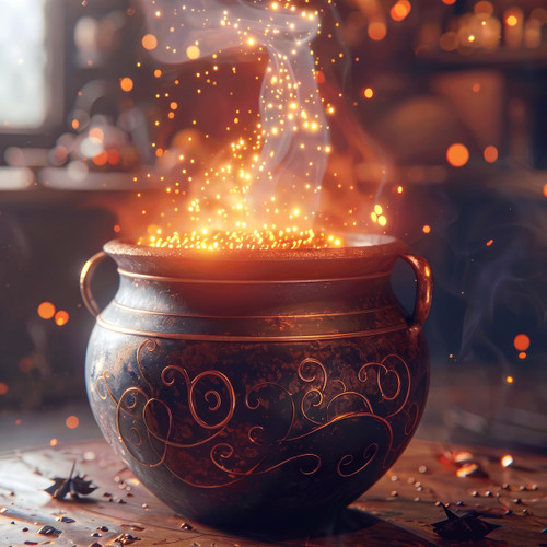 Dark ornate cauldron with glowing sparks rising — scent inspiration for Warm Cinder Glow fragrance oil
