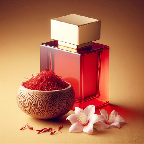 Red-tinted bottle with gold cap beside saffron and a white lily — scent inspiration for Baccarat Rouge fragrance oil