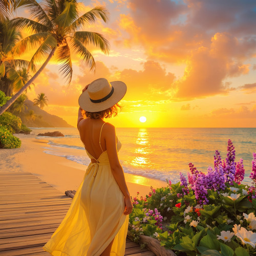 Woman in a yellow dress and straw hat on a beach boardwalk at sunset — scent inspiration for Cheirosa 62 fragrance oil
