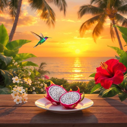 Sliced dragon fruit, hibiscus, and a hummingbird at sunset — scent inspiration for Cheirosa 68 fragrance oil