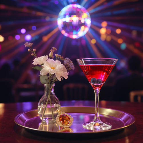 Pink martini and white flowers on a gold tray with a disco ball — scent inspiration for Cheirosa 76 fragrance oil