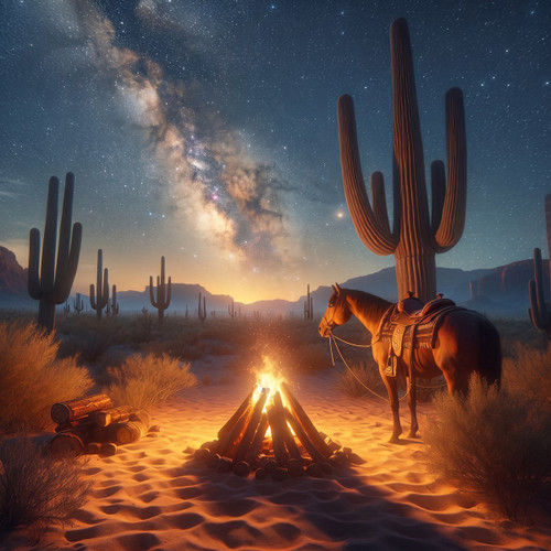 Campfire and saddled horse among cacti under starry desert sky — scent inspiration for Santal 33 fragrance oil