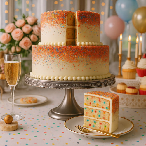Tiered sprinkle cake with a slice, champagne glass, and cupcakes — scent inspiration for Confetti Dores fragrance oil