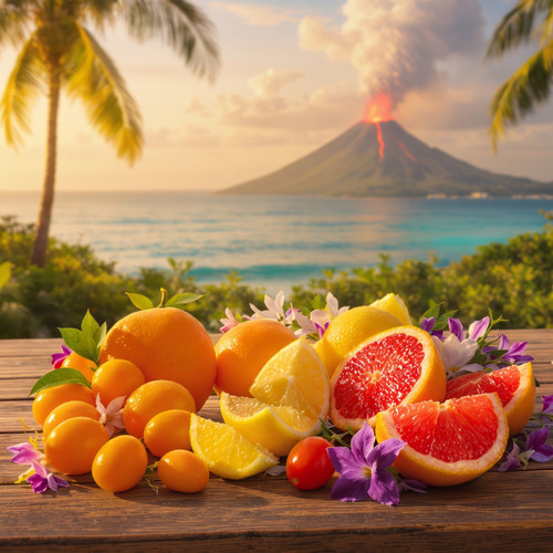 Citrus fruit on wood with erupting volcano and ocean — scent inspiration for Volcano fragrance oil