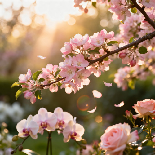 Pink apple blossoms, orchids and roses in sunlit garden — scent inspiration for Pink Apple Blossom fragrance oil