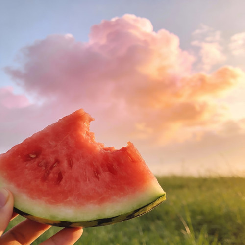 hand holding a watermelon slice against pink sky — scent inspiration for Melon Daydream fragrance oil