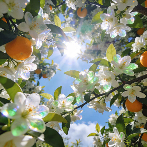 White citrus blossoms and oranges against bright blue sky — scent inspiration for Sunlit Citrus Blossoms fragrance oil