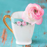 Pink ranunculus flower in floral teacup on blue wood — scent inspiration for Sweet Grace fragrance oil
