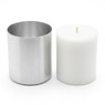 Seamless Aluminum Round Mold (4" x 4") candle with paraffin wax, single wick, angled view