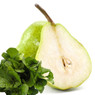 Halved green pear with watercress on white — scent inspiration for Juicy Pear fragrance oil