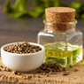 Hemp seeds in a white bowl beside a corked jar of green oil — scent inspiration for Cannabis & Exotic Hemp fragrance oil