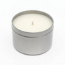 Silver Candle Tin 8oz candle with soy wax, single wick, angled view