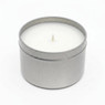Silver Candle Tin 8oz candle with paraffin wax, single wick, angled view