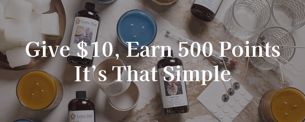 Flat lay of candle-making supplies, fragrance oils, jars, and wax melts on a marble surface with overlaid text: 'Give $10, Earn 500 Points – It’s That Simple