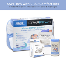 Save 10% today when you order a CPAP Comfort Kit. Bundle includes CPAP Pillow, custom fit cpap pillow case, cpap mask wipes and  a hose cover to eliminate rain out and condensation