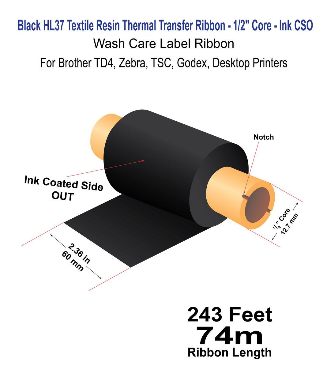 LabelJET HL37 Black Textile Resin Ribbon 60mm x 74m