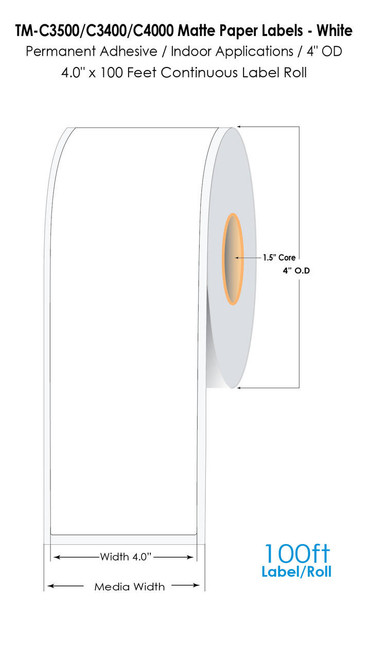 MediaJET CW-C4000 4" x 100 ft Matte Paper Label Roll  MJ12004