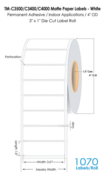 MediaJET CW-C4000 3" x 1" (1A) Matte Paper Label 1070/Roll  MJ12013