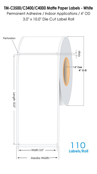 MediaJET CW-C4000 3" x 10" (1A) Matte Paper Label 110/Roll  MJ12029