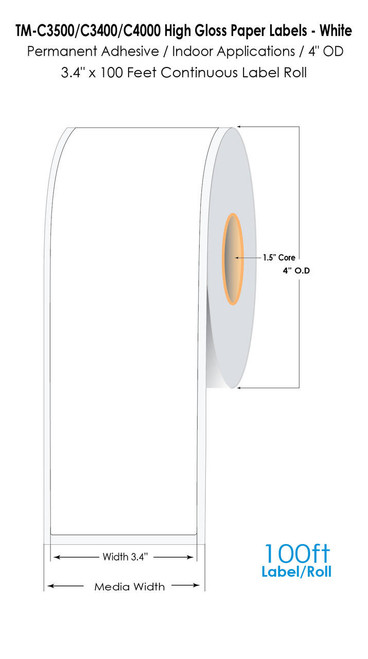 MediaJET CW-C4000 3.4" x 100 ft High Gloss Paper Label Roll  MJ11003