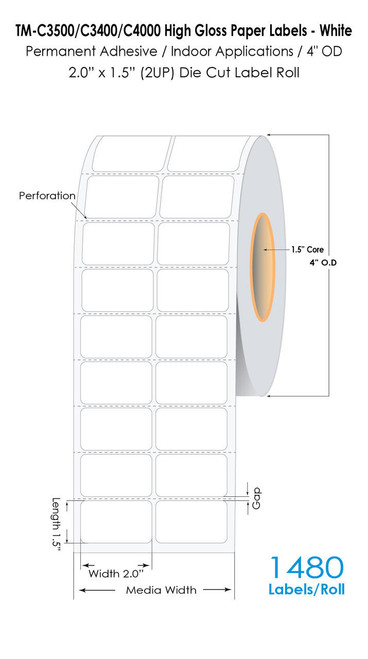 MediaJET CW-C4000 2" x 1.5" (2A) High Gloss Paper Label 1480/Roll  MJ11011