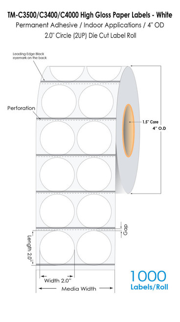 MediaJET CW-C4000 2" Circle (2A) High Gloss Paper Label 1120/Roll  MJ11028