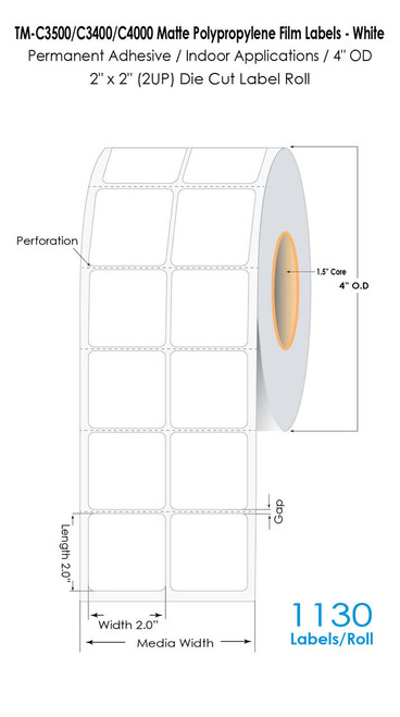 MediaJET CW-C4000 2" x 2" (2A) Matte BOPP Label 1130/Roll  MJ14012
