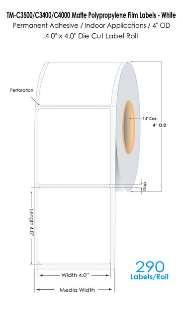 MediaJET CW-C4000 4" x 4" (1A) Matte BOPP Label 290/Roll  MJ14021