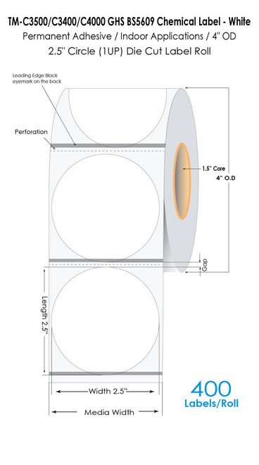 MediaJET CW-C4000 2.5" Circle (1A) Chemical Label 400/Roll  MJ15030