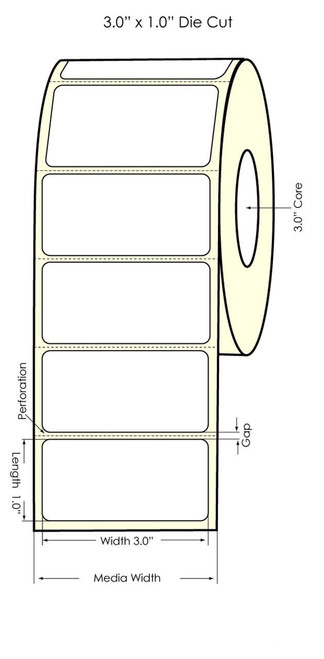 MediaJET 3" x 1" Inkjet High Gloss Paper Labels 2200/Roll 3"Core/6" OD for Epson CW-C6500  MJ74851