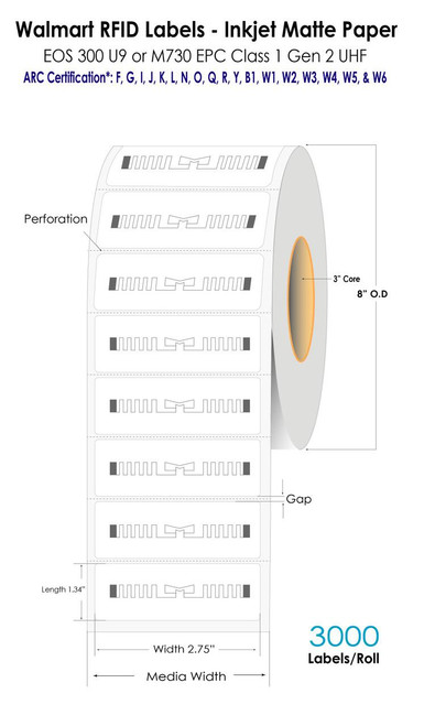 MediaJET Walmart RFID Labels - 2.75" x 1.34" Inkjet Matte Paper - 3000/Roll 3" Core/8" OD  MJ40904 MediaJET Walmart RFID Labels - 2.75" x 1.34" Inkjet Matte Paper - 3000/Roll 3" Core/8" OD  MJ40904