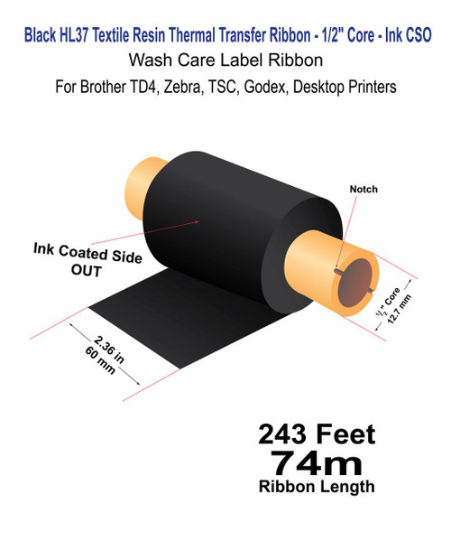 LabelJET 60mm x 74m HL37 Black Textile Resin Ribbon For Zebra / TSC/ Godex Printers  LJ32083