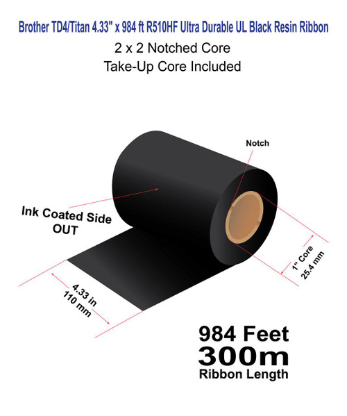 Brother TD4 4.33" x 984 ft (110mm x 300m) R510HF Ultra Durable UL Black Resin Ribbon with Take-Up Core / 2x2 Notch -