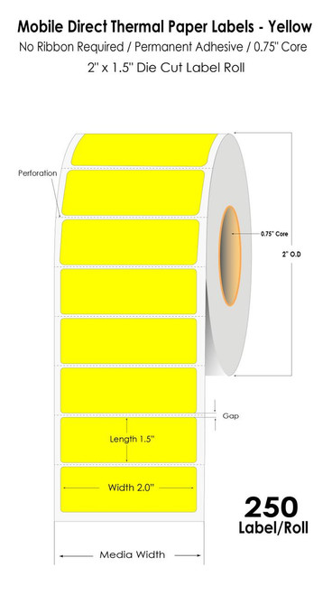 Zebra Mobile Labels 2"x1.5" Yellow Color 250/Roll  20285