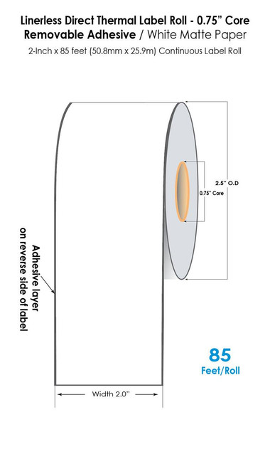 Linerless 2x85ft Label Removable Adhesive 0.75" Core/2.5 OD  20589