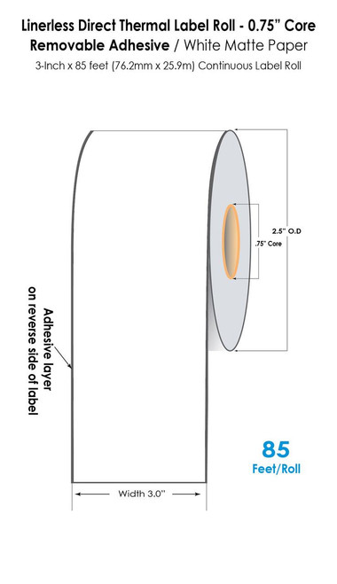 Linerless 3x85ft Label Removable Adhesive 0.75" Core/2.5 OD  20590