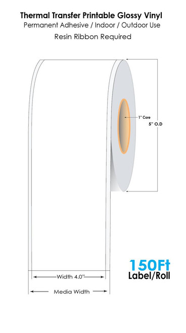 Thermal Transfer White 4in x 150 Ft Cont 3Mil Glossy Vinyl Label Tape Roll - 1in Core  40750
