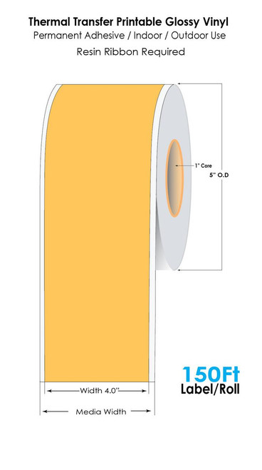 Thermal Transfer Orange 4in x 150 Ft Cont 3Mil Glossy Vinyl Label Tape Roll - 1in Core  40752