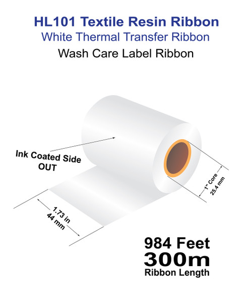 Zebra 1.73" x 984ft (44mm x 300m) White HL101 White Textile Resin Ribbon with Ink OUT