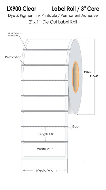 LX3000 2" x 1" Inkjet Clear Polyester Labels 2100/Roll | 3" Core/6" OD 1/8" Blk Mark in 1/4" GAP