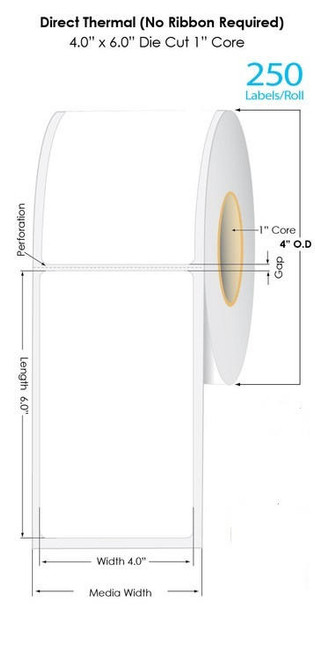 LabelJET Direct Thermal 4" x 6" Labels 1" Core/4" OD Roll Shipping Labels (1 Roll, 250 Labels)  LJ20602