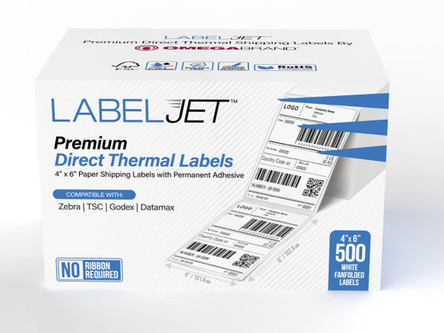 LabelJET Direct Thermal 4" x 6" Fanfolded White Shipping Labels for UPS, USPS, FedEx (1 Pack, 500 Labels)  LJ20604