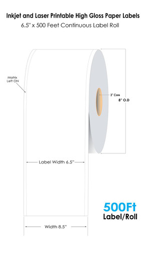 6.5” x 500Ft High Gloss Paper Label Roll | OmegaBrand