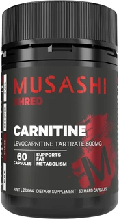 Musashi Carnitine 60 Caps with 341mg Levocarnitine per capsule to support fat metabolism, energy production & post-exercise recovery