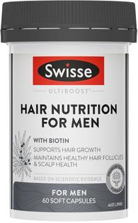 Swisse Ultiboost Hair Nutrition for Men With Biotin and Saw Palmetto supports hair growth, scalp and hair follicle health
